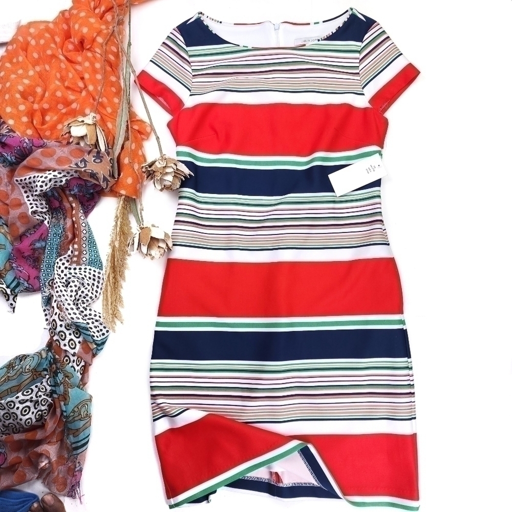 New Julia Jordan Red Navy, Green White Striped Dress Sz 4 - Picture 11 of 11